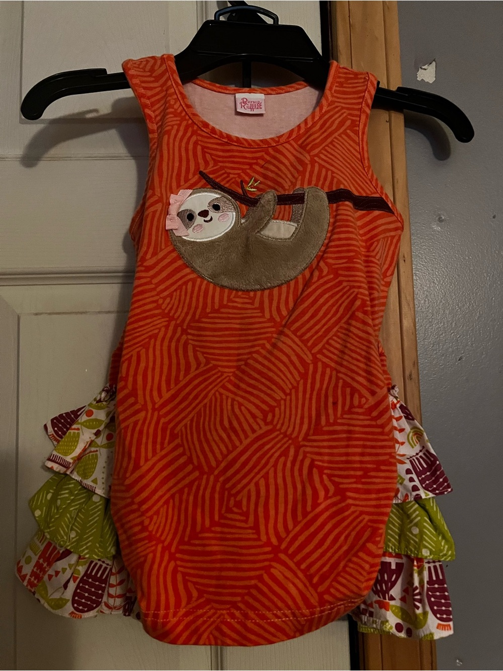 HTF Ricrac & Ruffles Orange Tunic, skort with Sloth Applique, size 6